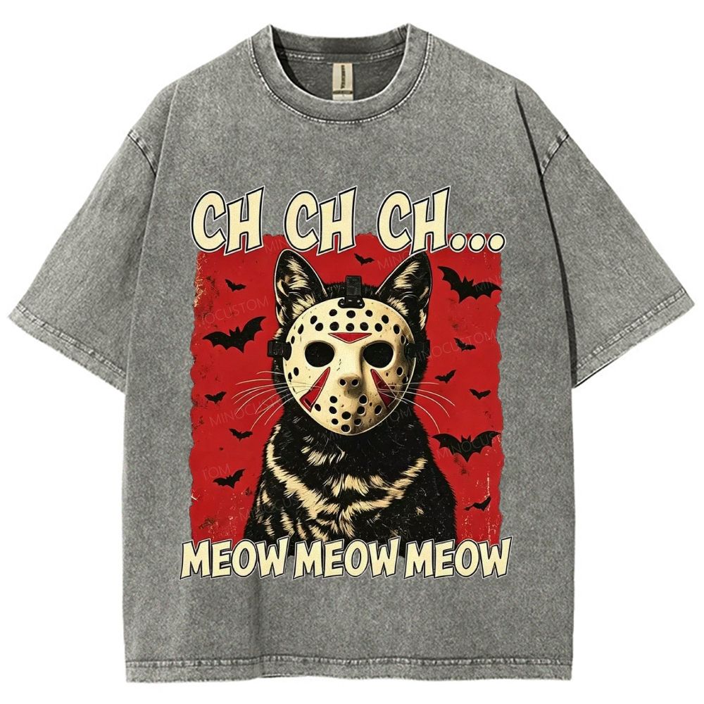 Halloween Black Cat Horror Mask Retro Washed T-Shirt