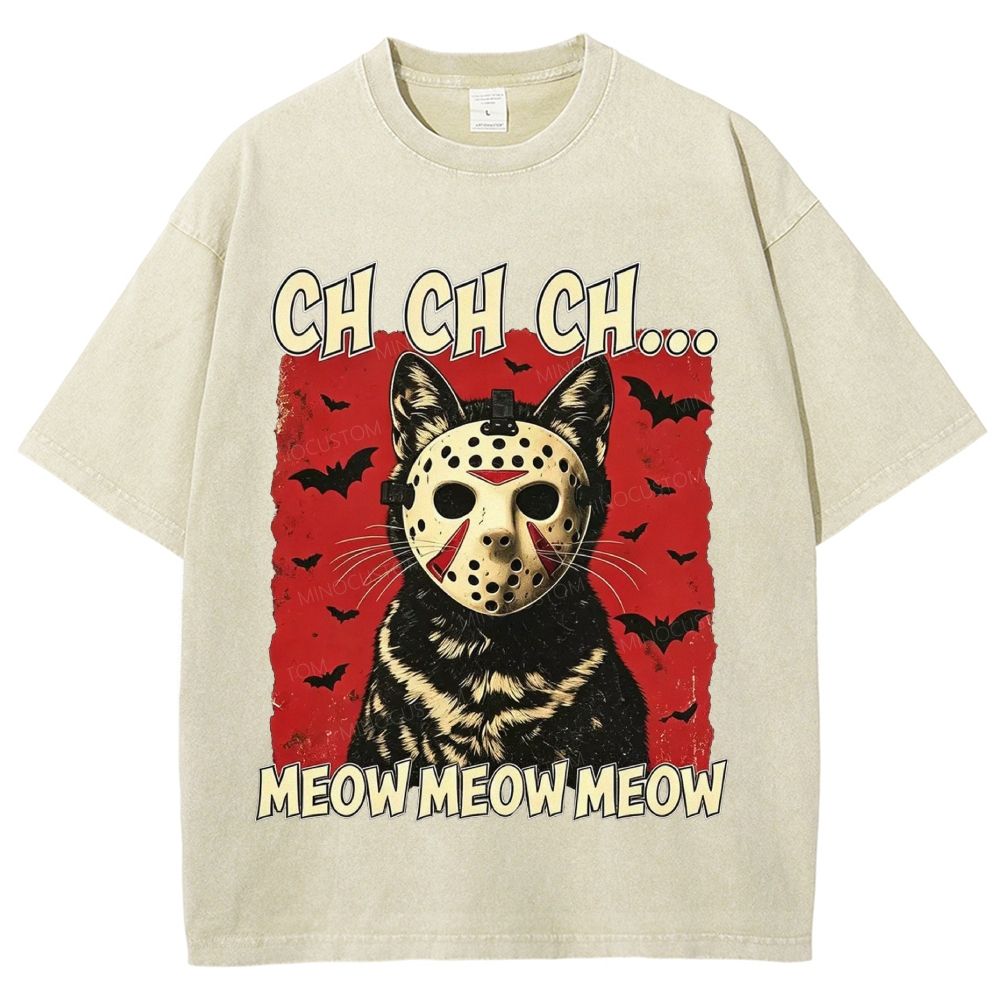 Halloween Black Cat Horror Mask Retro Washed T-Shirt