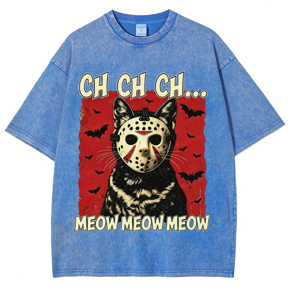 Halloween Black Cat Horror Mask Retro Washed T-Shirt