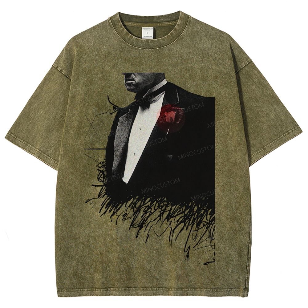 Vintage Mobster Suit Red Rose Graphic Washed T-Shirt