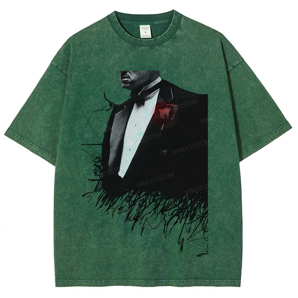 Vintage Mobster Suit Red Rose Graphic Washed T-Shirt