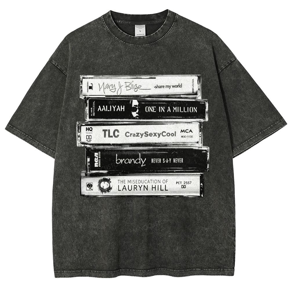 Vintage Retro Cassette Tape Stack Graphic Washed T-Shirt