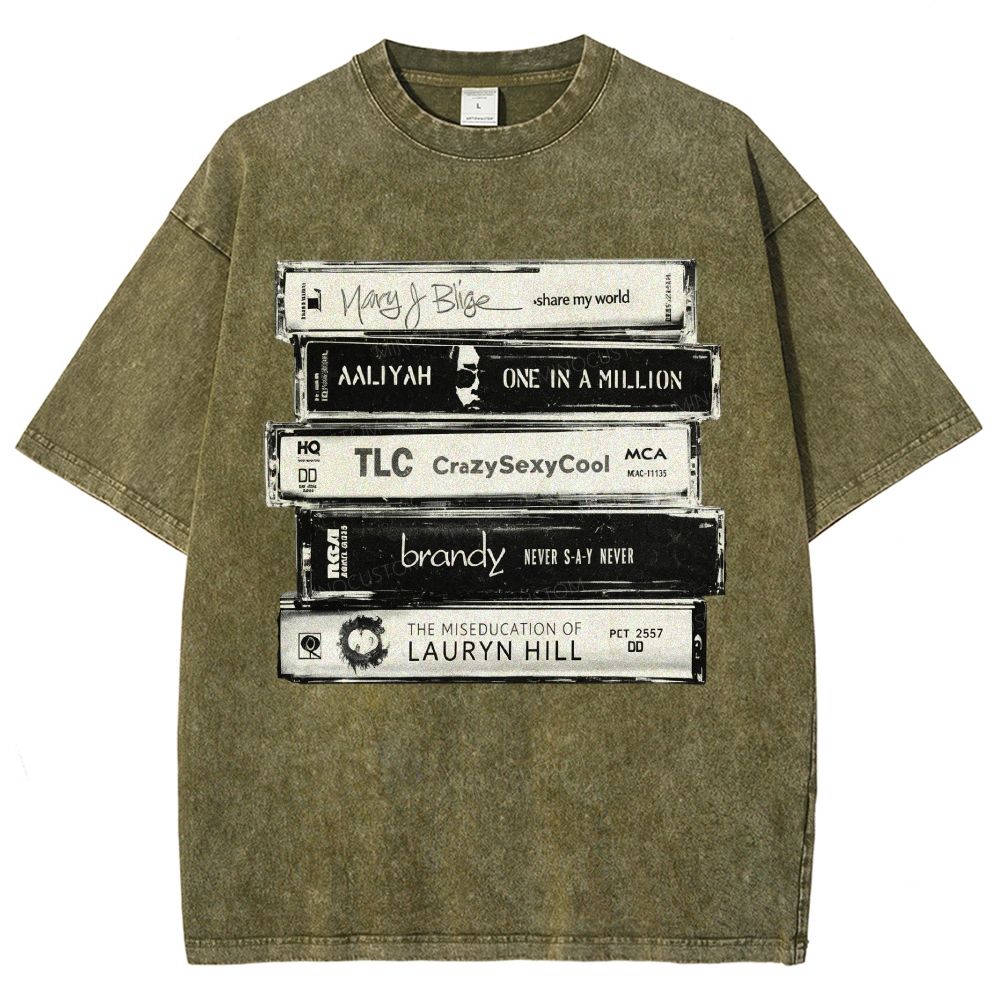 Vintage Retro Cassette Tape Stack Graphic Washed T-Shirt