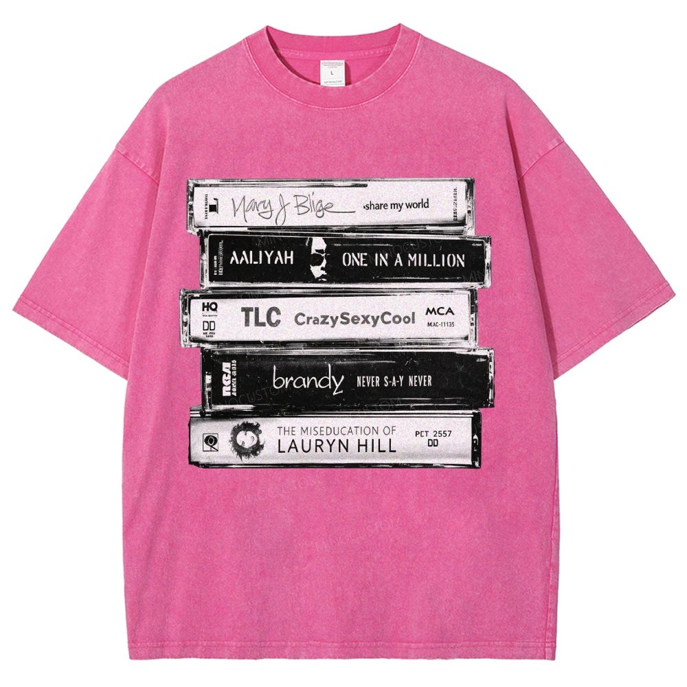 Vintage Retro Cassette Tape Stack Graphic Washed T-Shirt