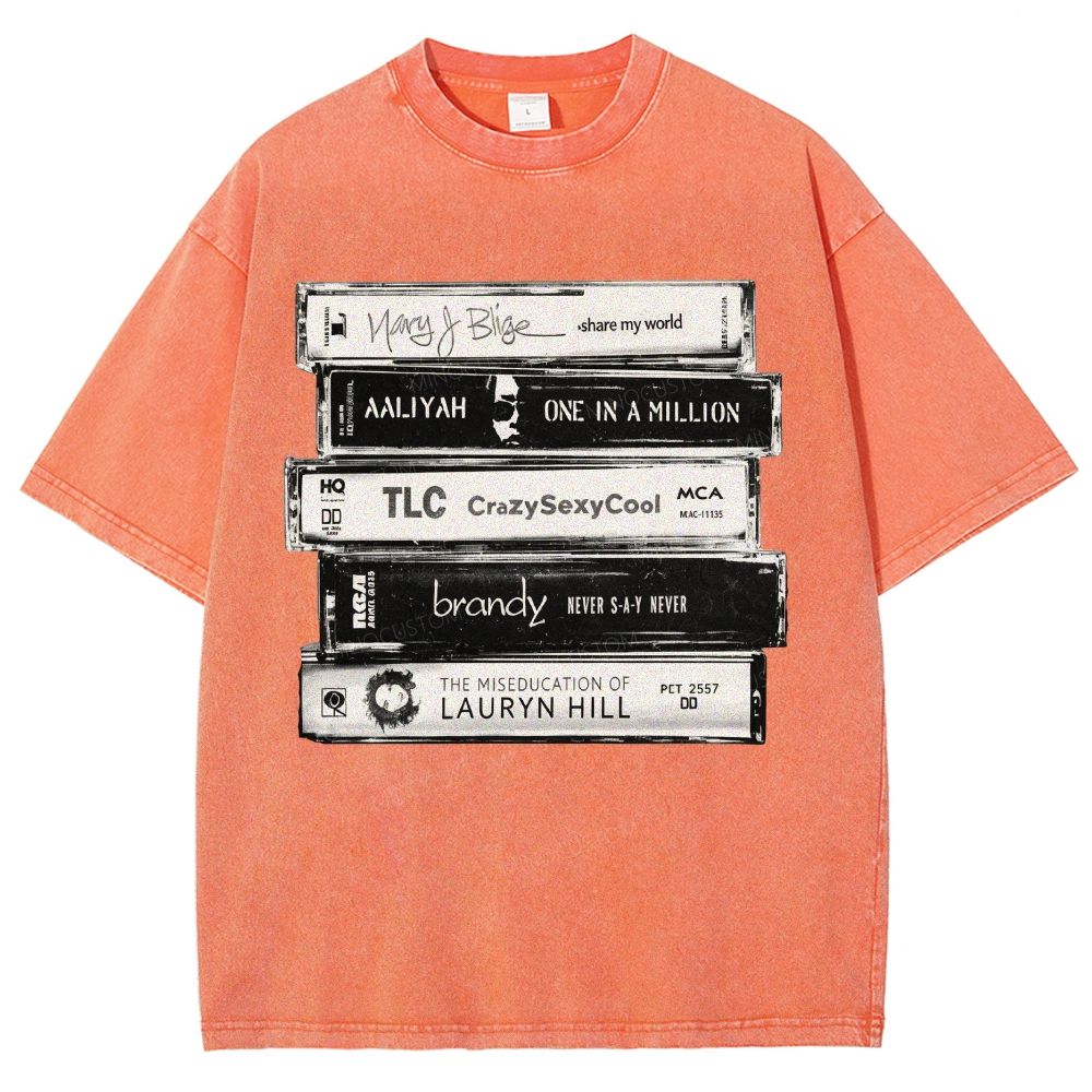 Vintage Retro Cassette Tape Stack Graphic Washed T-Shirt