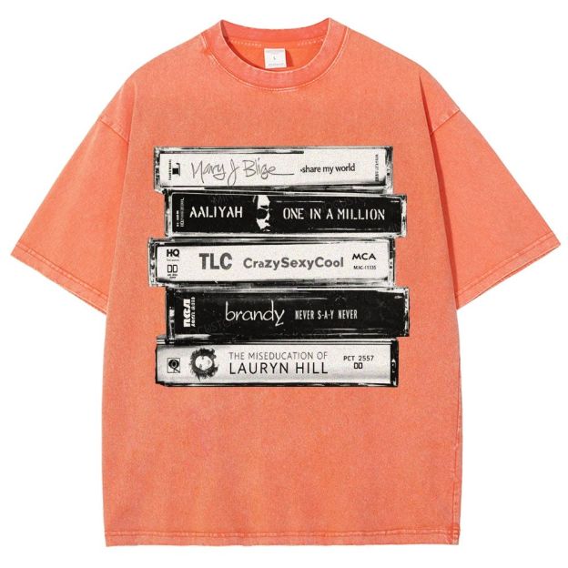 Vintage Retro Cassette Tape Stack Graphic Washed T-Shirt