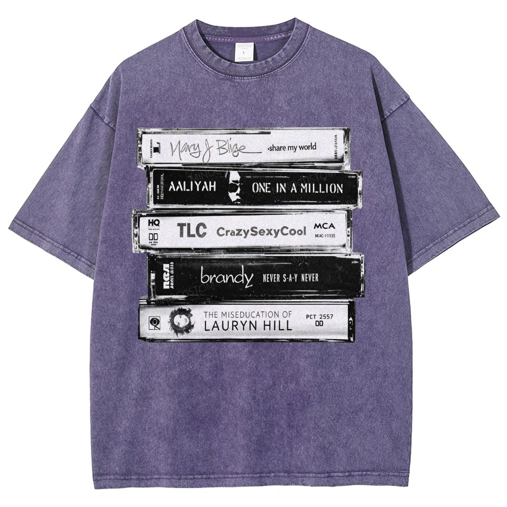 Vintage Retro Cassette Tape Stack Graphic Washed T-Shirt