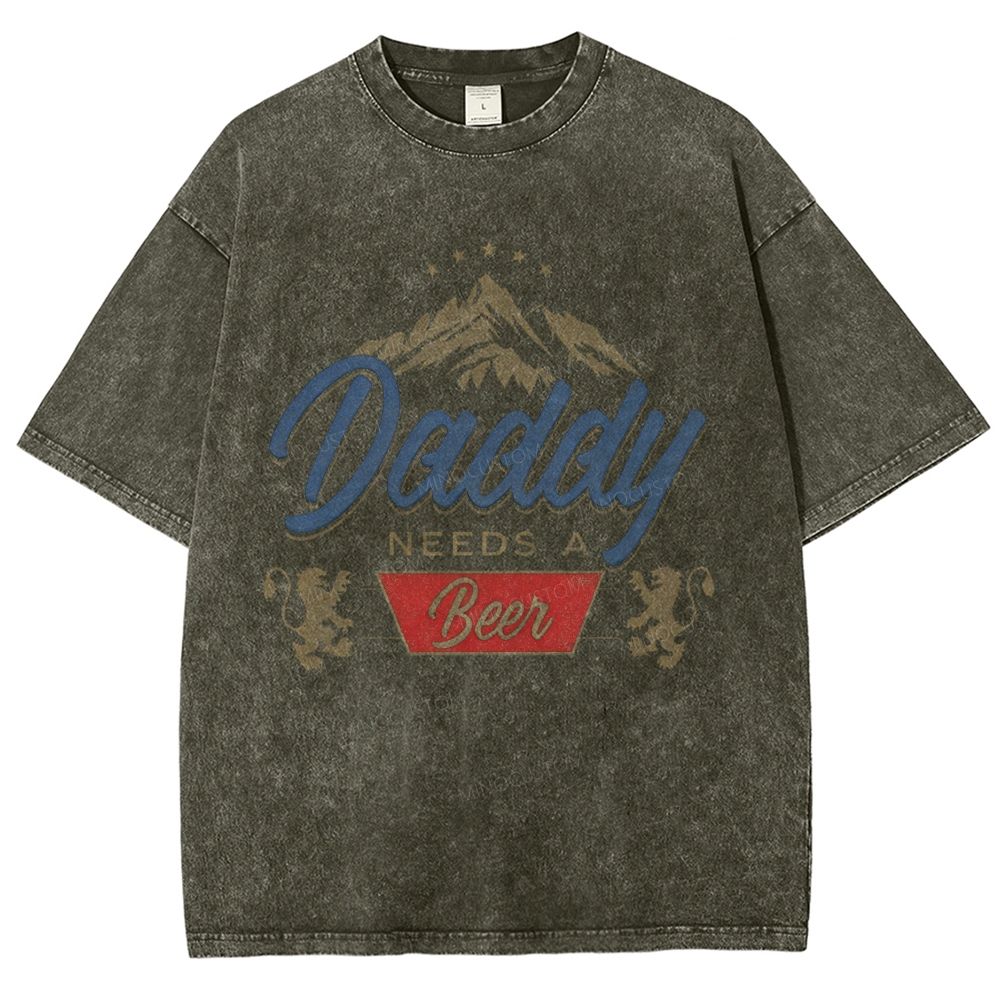 Vintage Mountain Lion Crest Daddy Beer Quote Washed T-Shirt