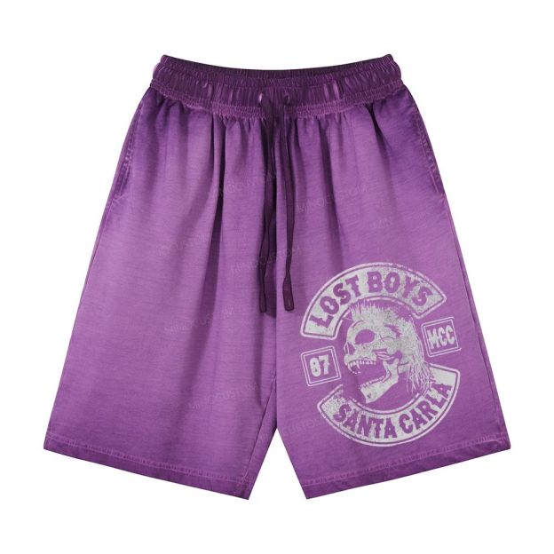 Distressed Biker Emblem Mullet Vampire Skull Casual Gradient Shorts 