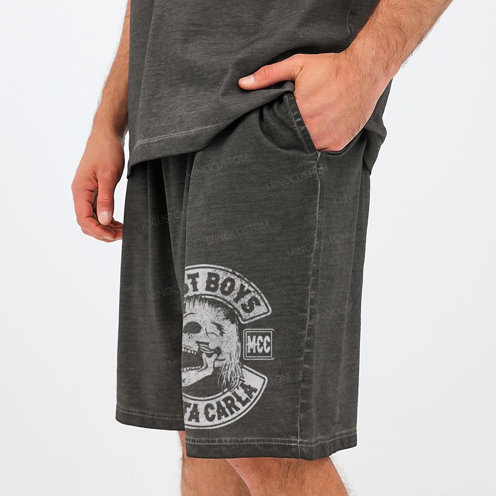 Distressed Biker Emblem Mullet Vampire Skull Casual Gradient Shorts 