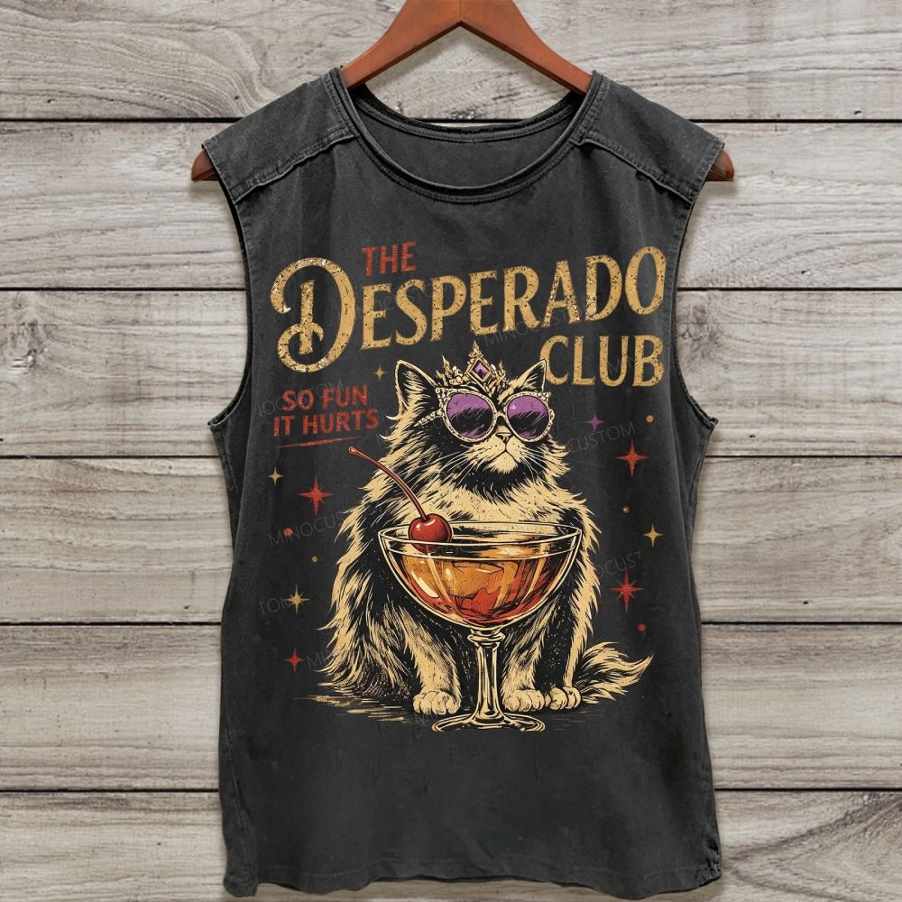 Vintage Cool Crown Cat Cocktail Graphic Washed Tank Top