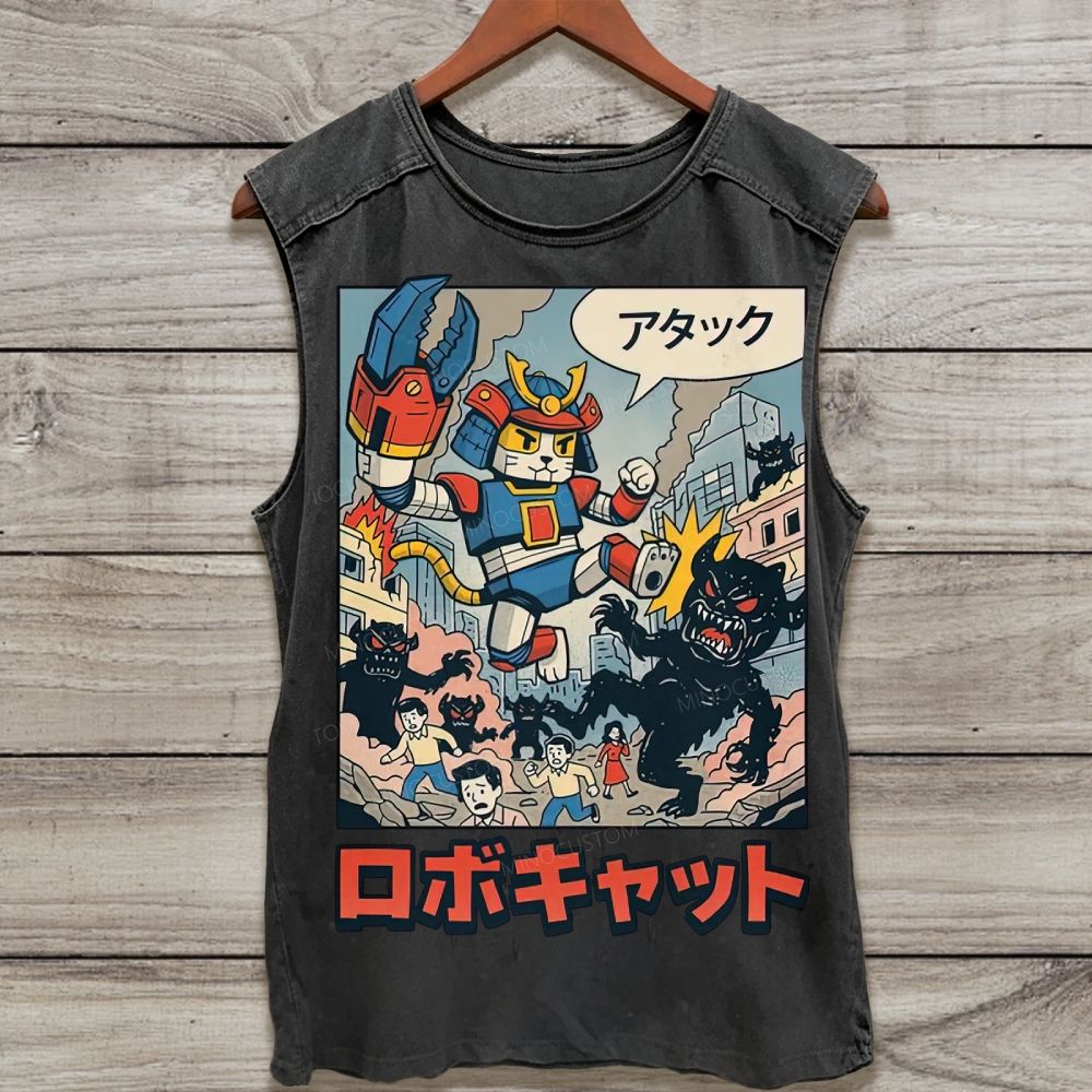 Vintage Japanese Robot Cat Kaiju Battle Graphic Washed Tank Top