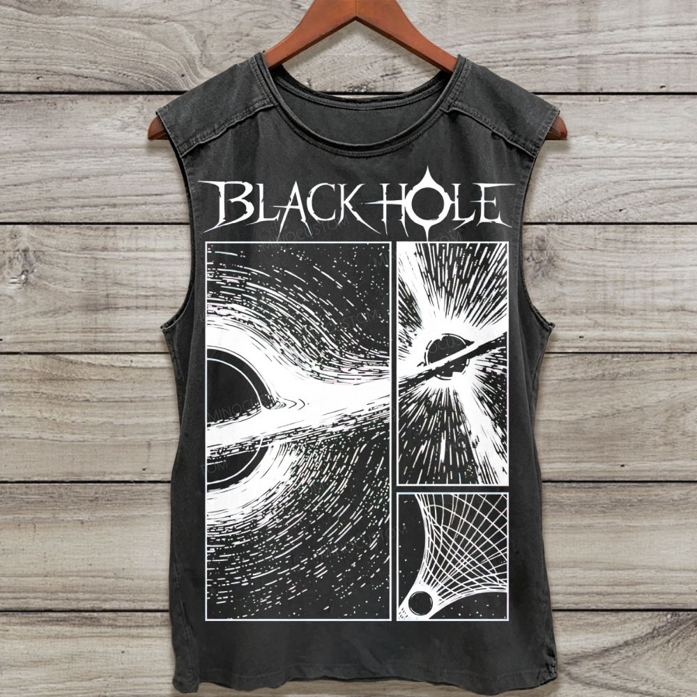 Black Hole Space Cosmic Line Art Graphic Washed Tank Top