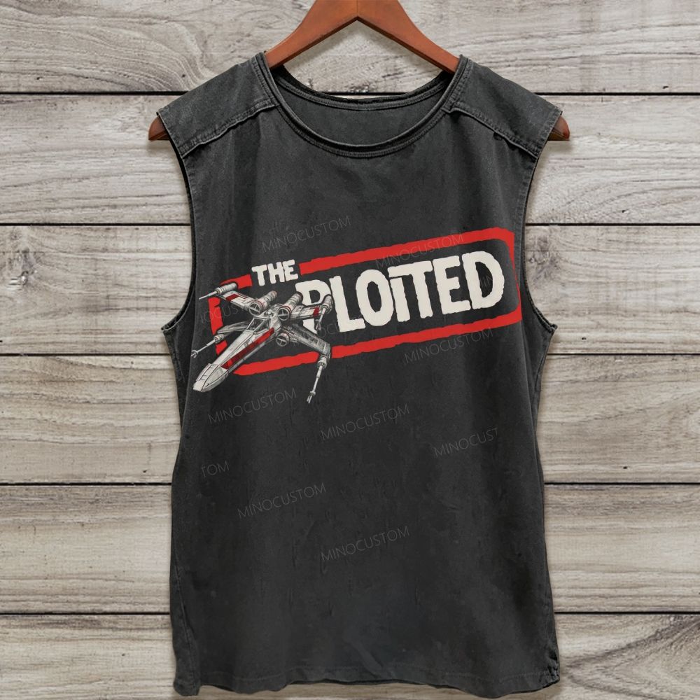 Vintage Fighter Spacecraft Punk Letter Graphic Washed Tank Top