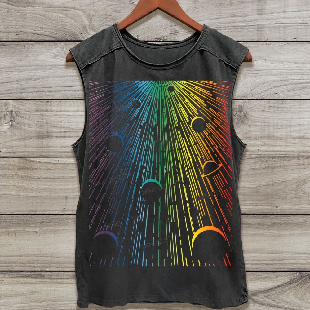 Rainbow Cosmic Planet Ray Line Art Washed Tank Top