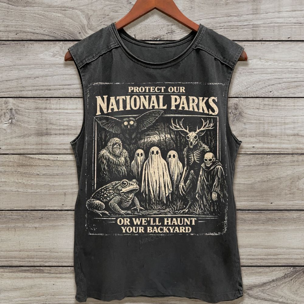 Retro Forest Monster Graphic Washed Tank Top