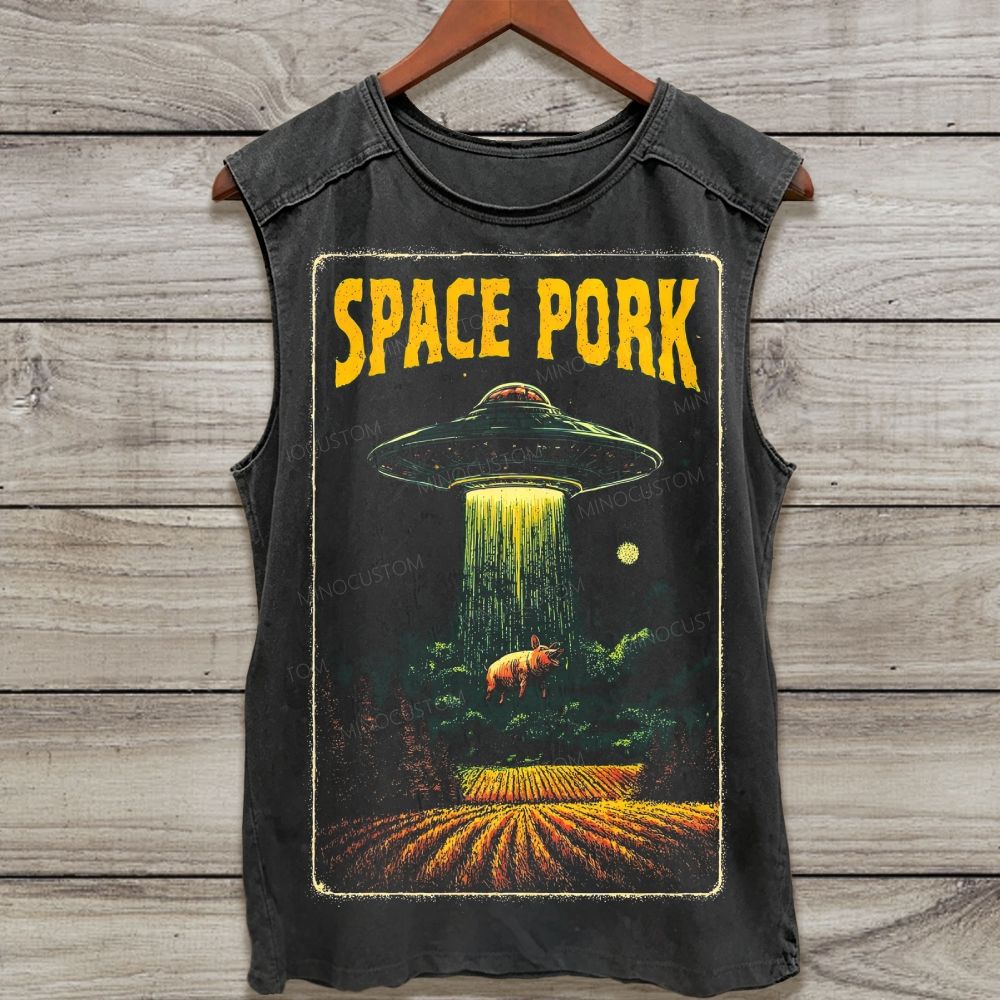 Vintage UFO Pig Abduction Retro Farm Space Washed Tank Top