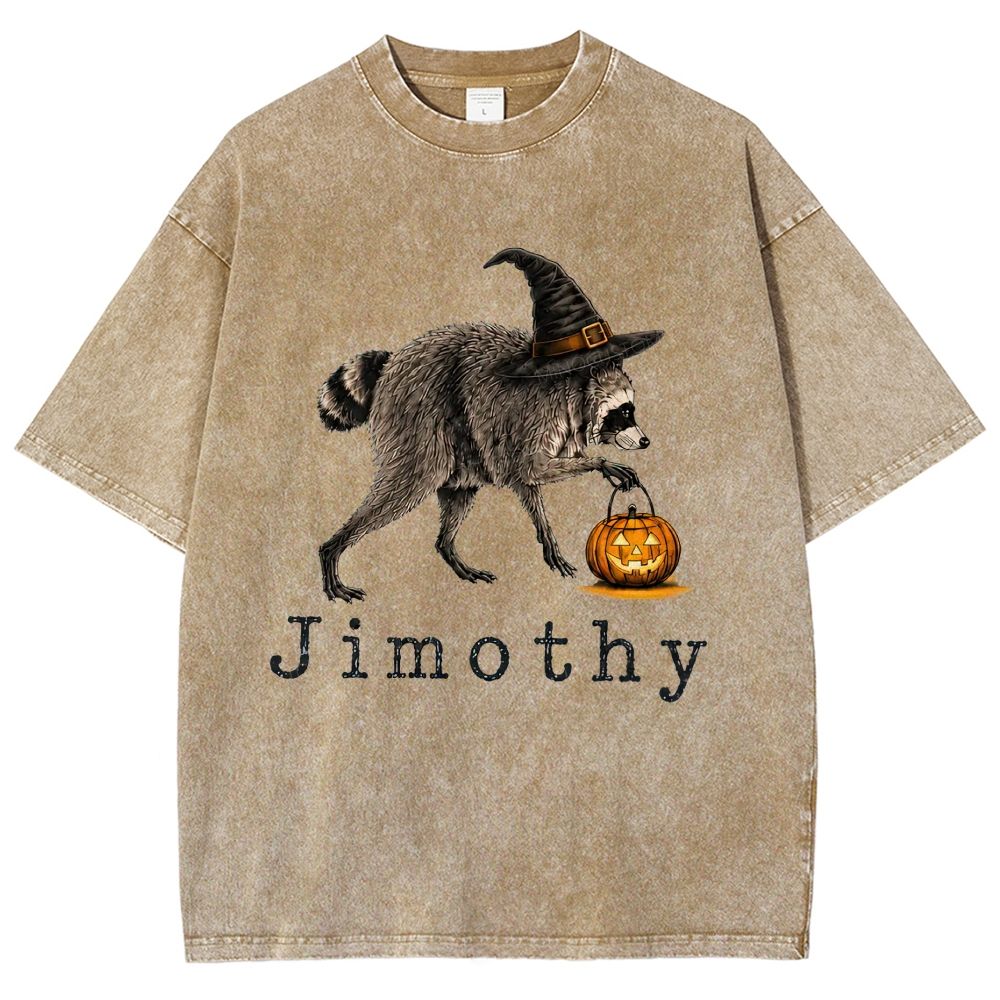 Halloween Wizard Raccoon With Pumpkin Bucket Washed T-Shirt