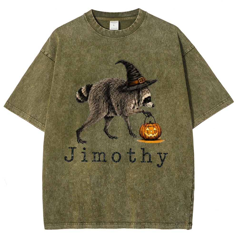Halloween Wizard Raccoon With Pumpkin Bucket Washed T-Shirt