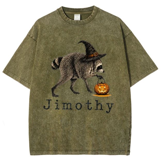 Halloween Wizard Raccoon With Pumpkin Bucket Washed T-Shirt