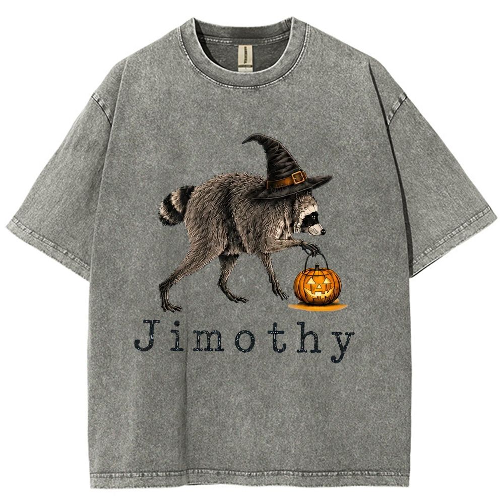 Halloween Wizard Raccoon With Pumpkin Bucket Washed T-Shirt
