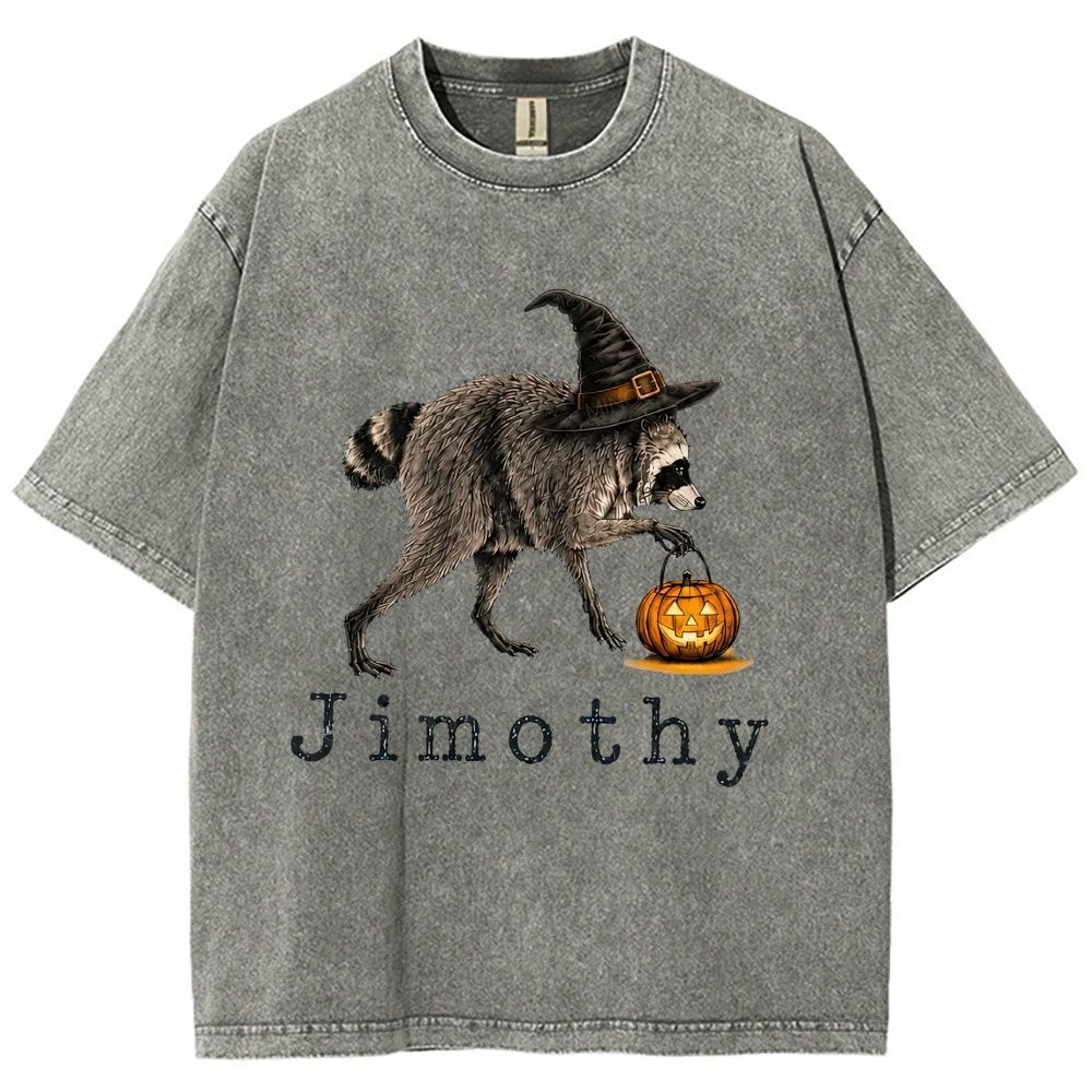 Halloween Wizard Raccoon With Pumpkin Bucket Washed T-Shirt