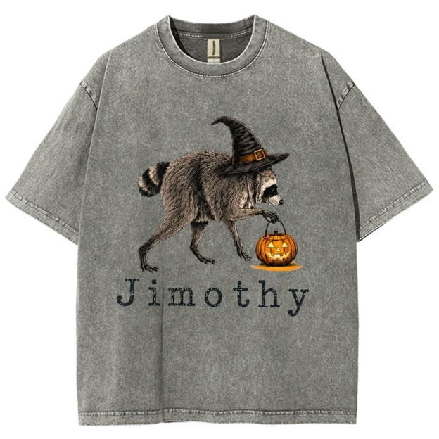 Halloween Wizard Raccoon With Pumpkin Bucket Washed T-Shirt