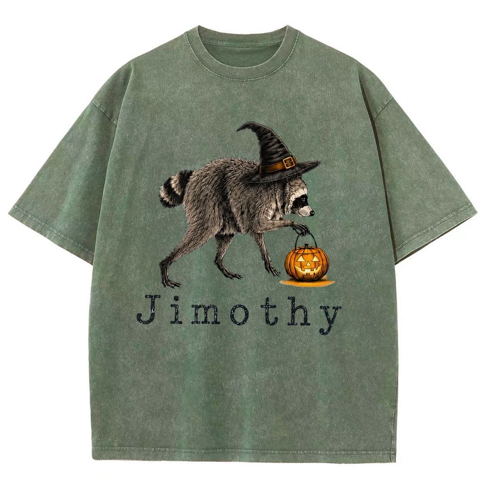 Halloween Wizard Raccoon With Pumpkin Bucket Washed T-Shirt