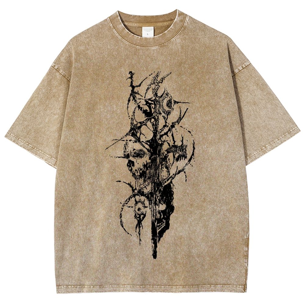 Dark Gothic Thorn Skull Abstract Art Washed T-Shirt
