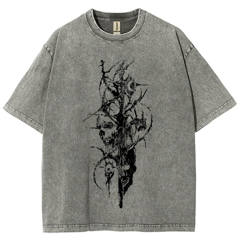 Dark Gothic Thorn Skull Abstract Art Washed T-Shirt