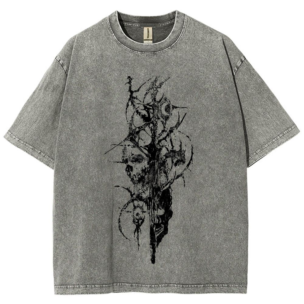 Dark Gothic Thorn Skull Abstract Art Washed T-Shirt