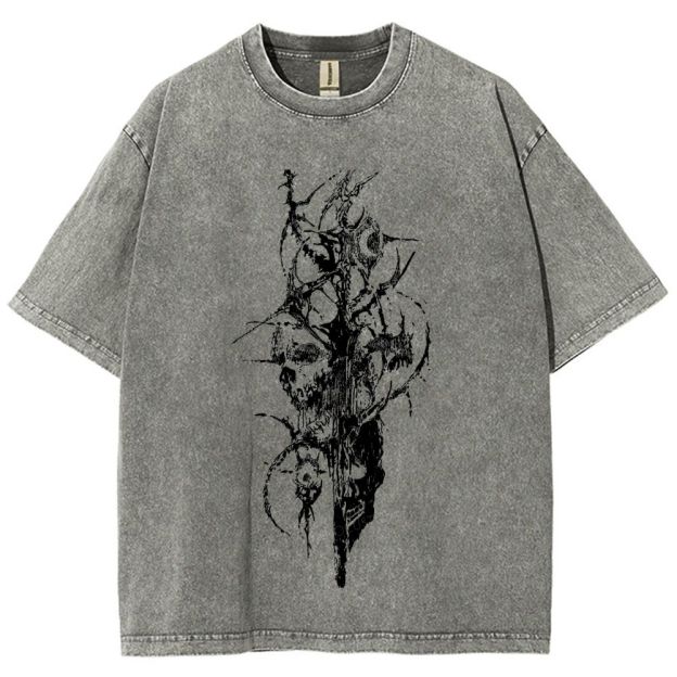 Dark Gothic Thorn Skull Abstract Art Washed T-Shirt