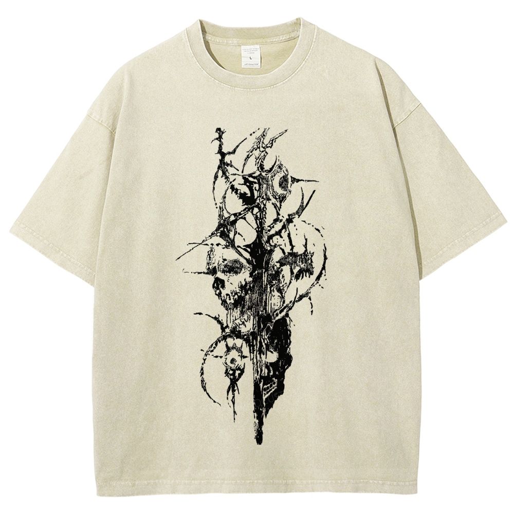 Dark Gothic Thorn Skull Abstract Art Washed T-Shirt
