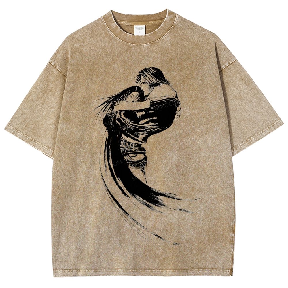 Vintage Black Ink Embracing Couple Art Washed T-Shirt
