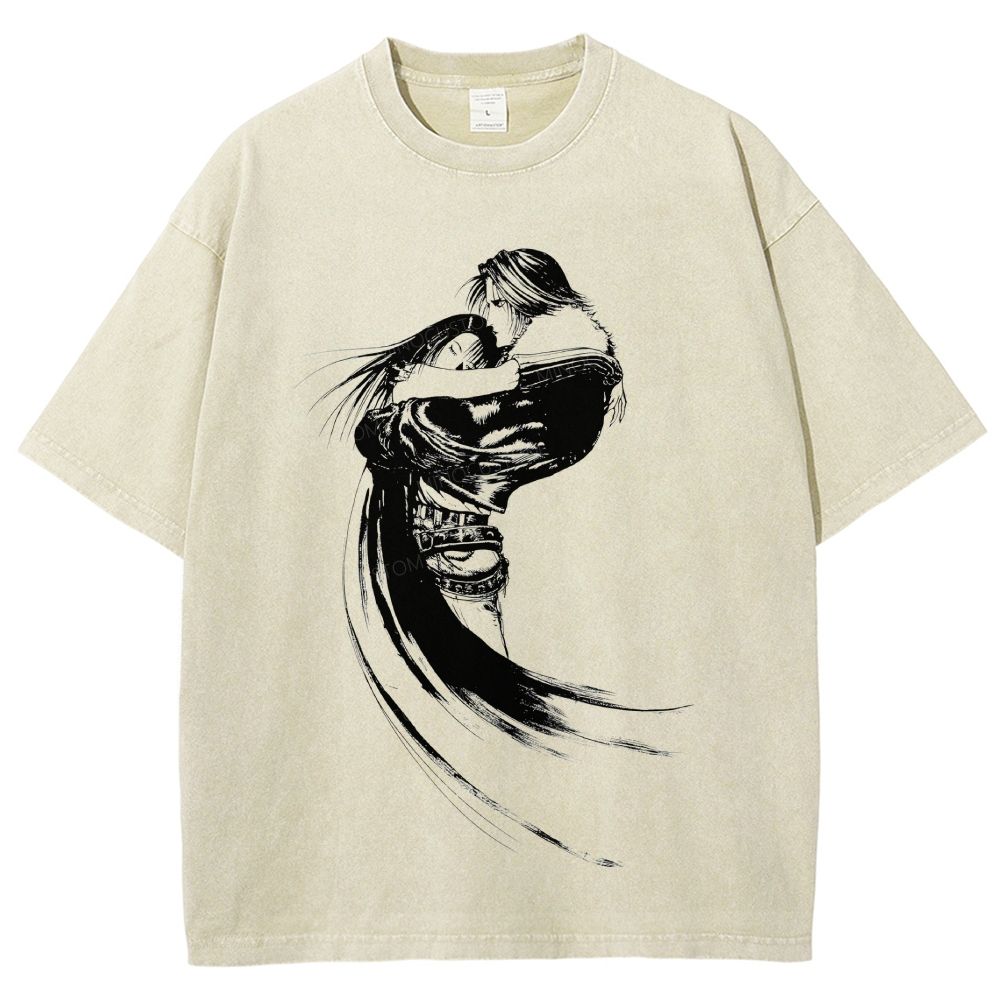 Vintage Black Ink Embracing Couple Art Washed T-Shirt