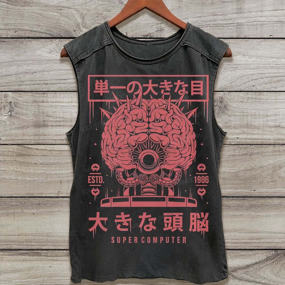 Japanese Retro Horror Brain Monster Graphic Washed Tank Top