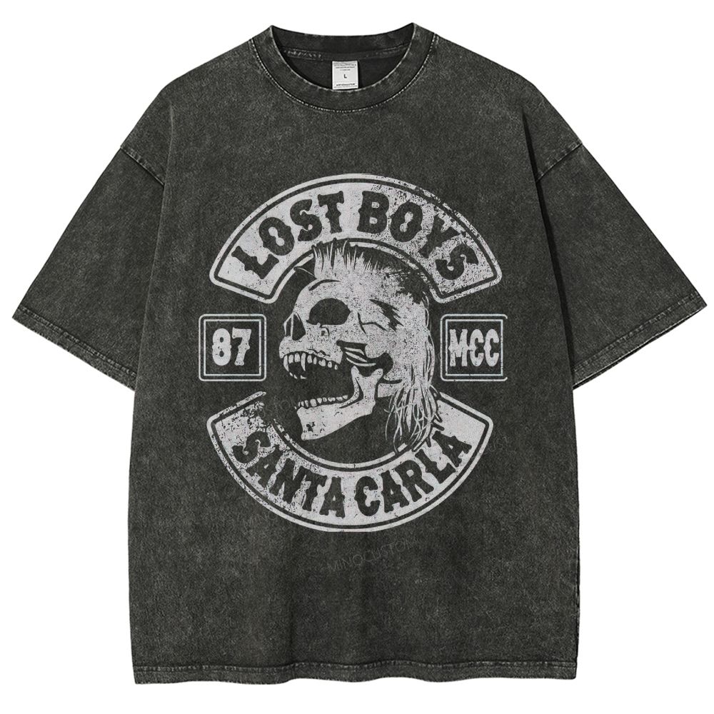 Distressed Biker Emblem Mullet Vampire Skull Washed T-Shirt 
