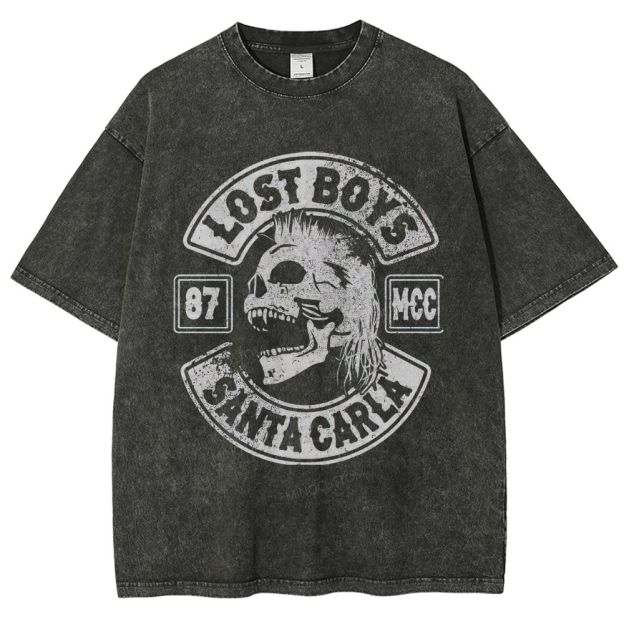 Distressed Biker Emblem Mullet Vampire Skull Washed T-Shirt 