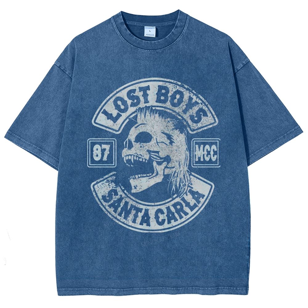 Distressed Biker Emblem Mullet Vampire Skull Washed T-Shirt 