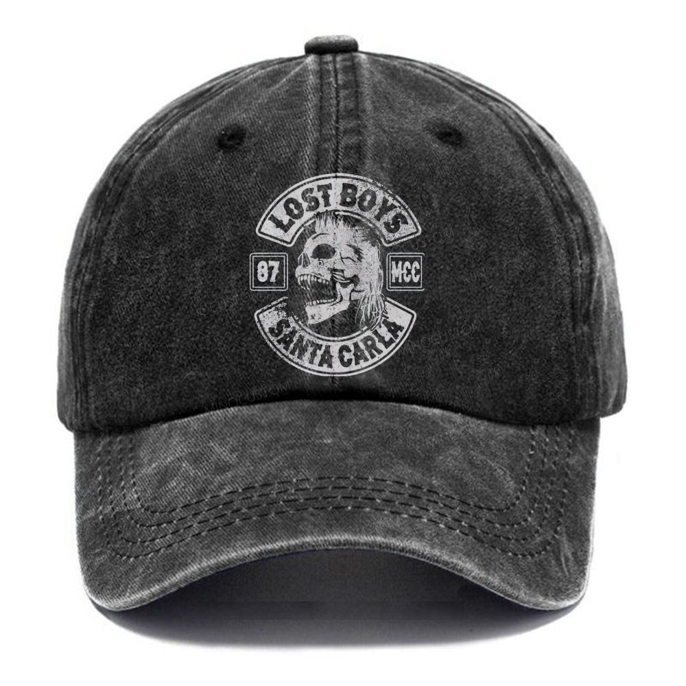 Distressed Biker Emblem Mullet Vampire Skull  Casual Washed Cap 