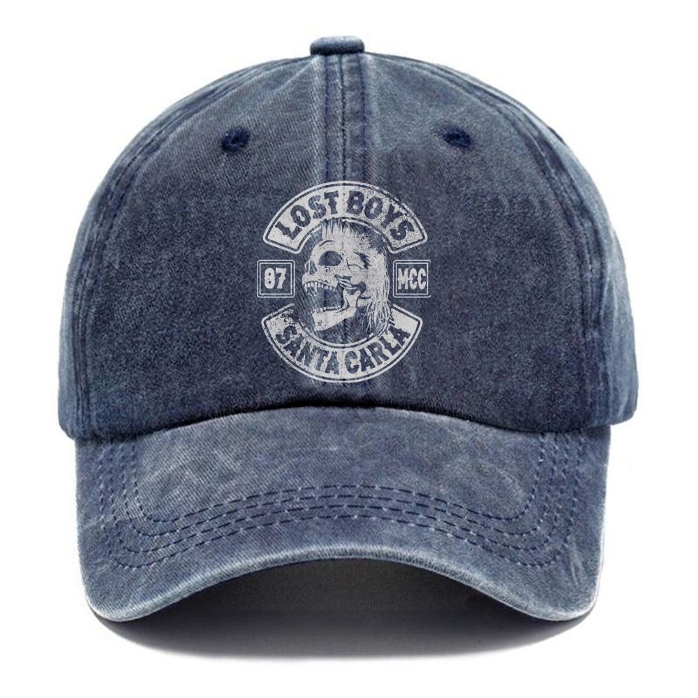 Distressed Biker Emblem Mullet Vampire Skull  Casual Washed Cap 