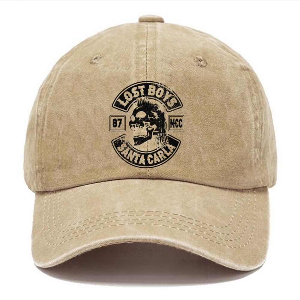 Distressed Biker Emblem Mullet Vampire Skull  Casual Washed Cap 