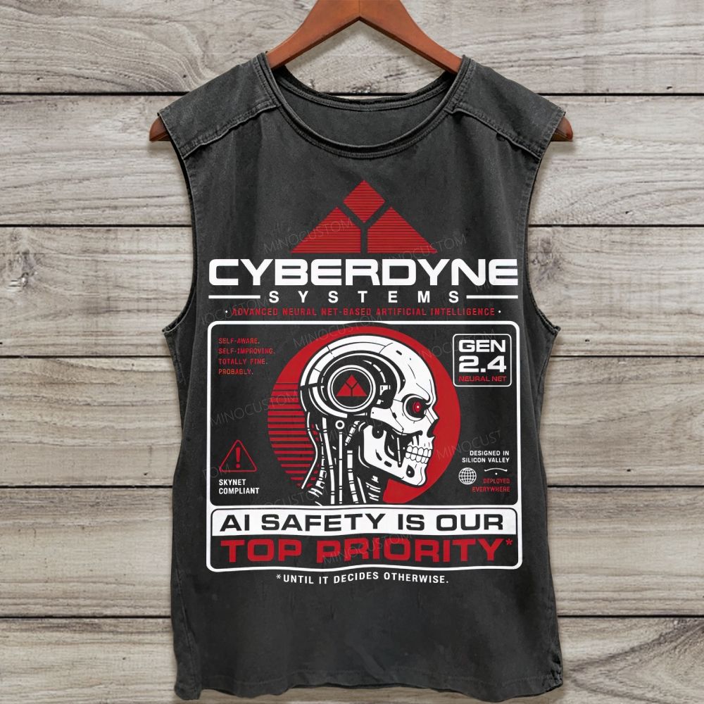 Vintage Cyber Tech Robot Skull Graphic Washed Tank Top