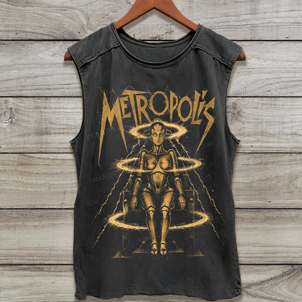 Vintage Futuristic Robot Woman Graphic Washed Tank Top