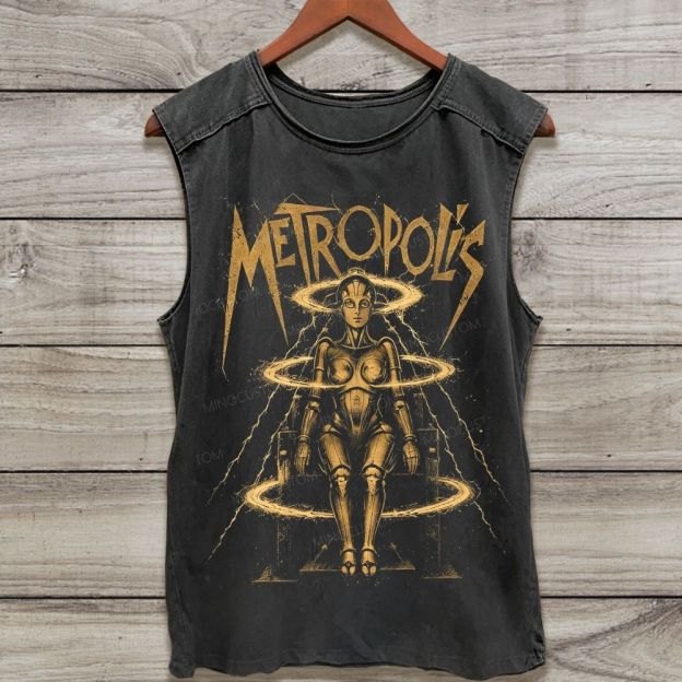 Vintage Futuristic Robot Woman Graphic Washed Tank Top