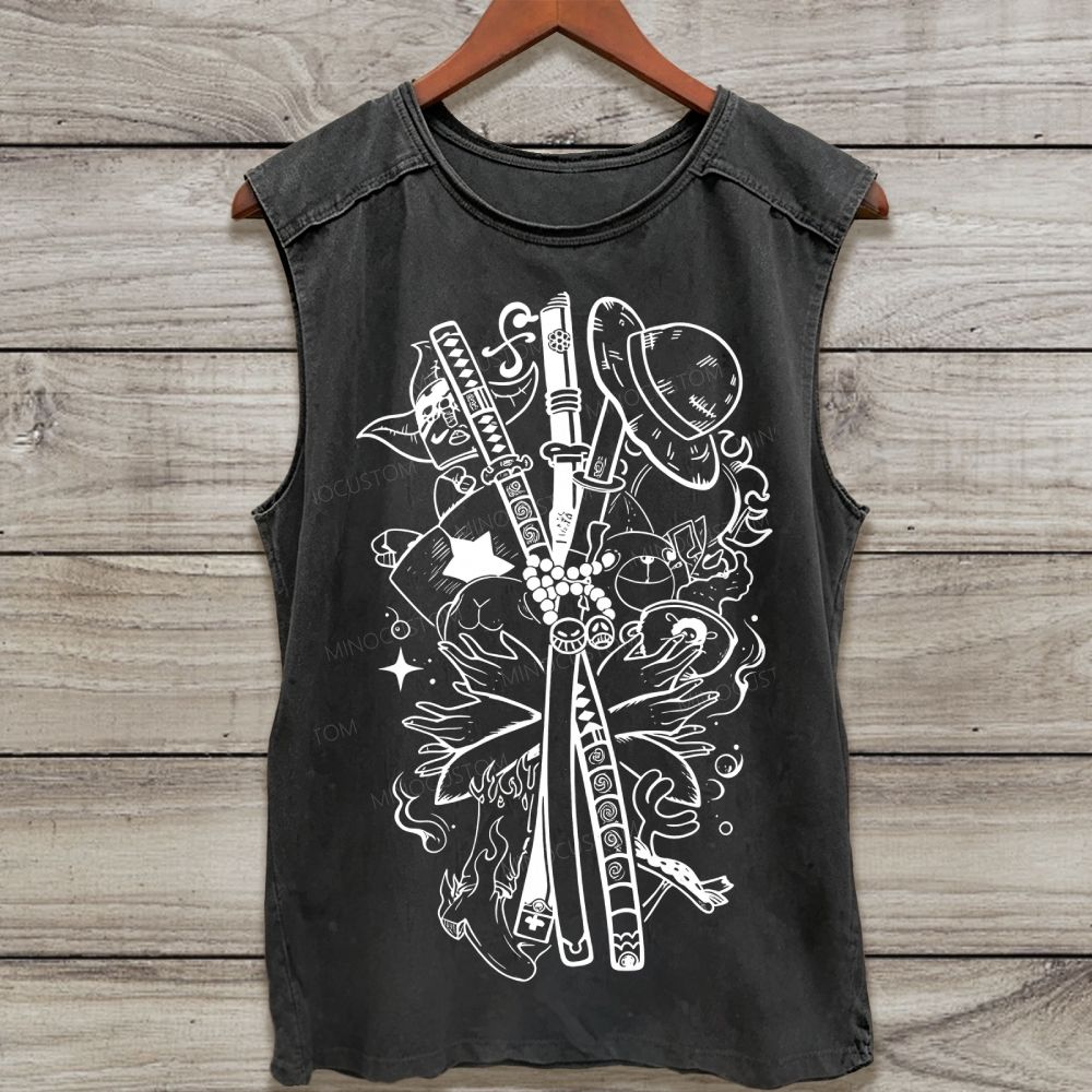 Vintage Japanese Samurai Sword Mix Graphic Washed Tank Top