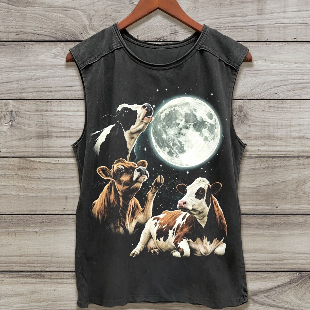 Three Cows Howling At The Moon Graphic Washed Tank Top