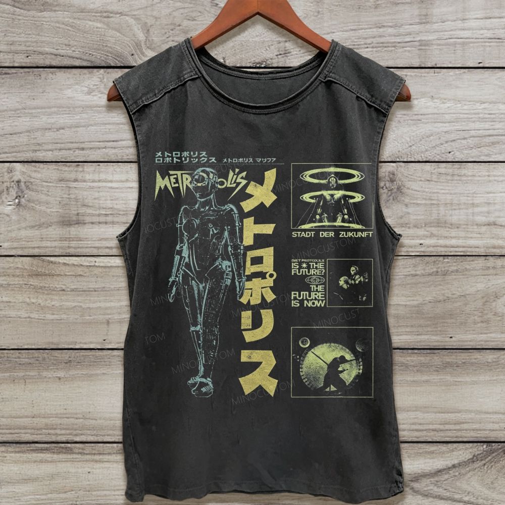 Retro Japanese Text Futuristic Robot Graphic Washed Tank Top