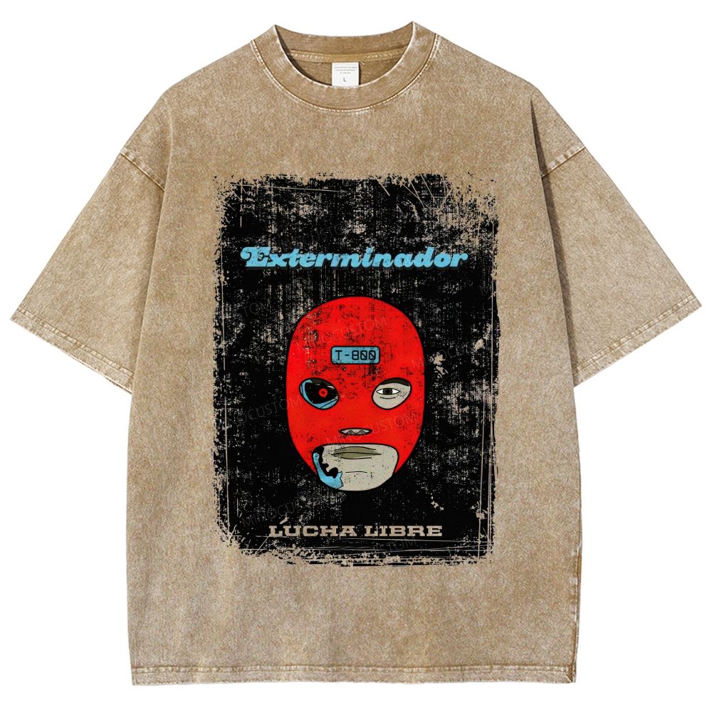 Vintage Lucha Libre Mask Robot Graphic Washed T-Shirt
