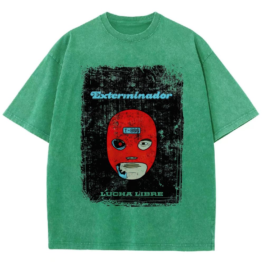 Vintage Lucha Libre Mask Robot Graphic Washed T-Shirt